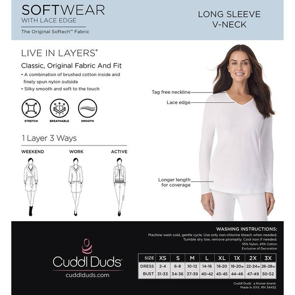 Womens Cuddl Duds® Softwear Lace Edge Long Sleeve V-Neck Tee
