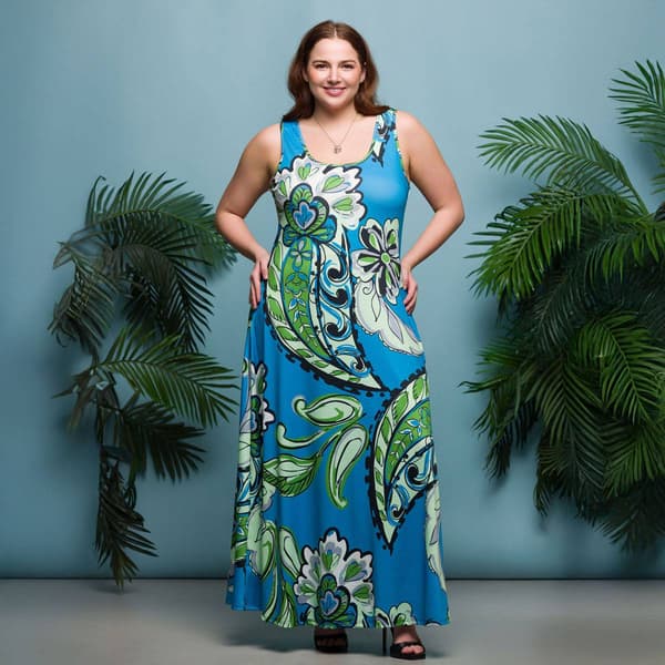 Plus Size 24/7 Comfort Apparel Blue Paisley Sleeveless Maxi Dress