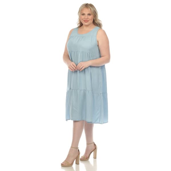 Plus Size White Mark Sleeveless Tiered Chambray Midi Dress