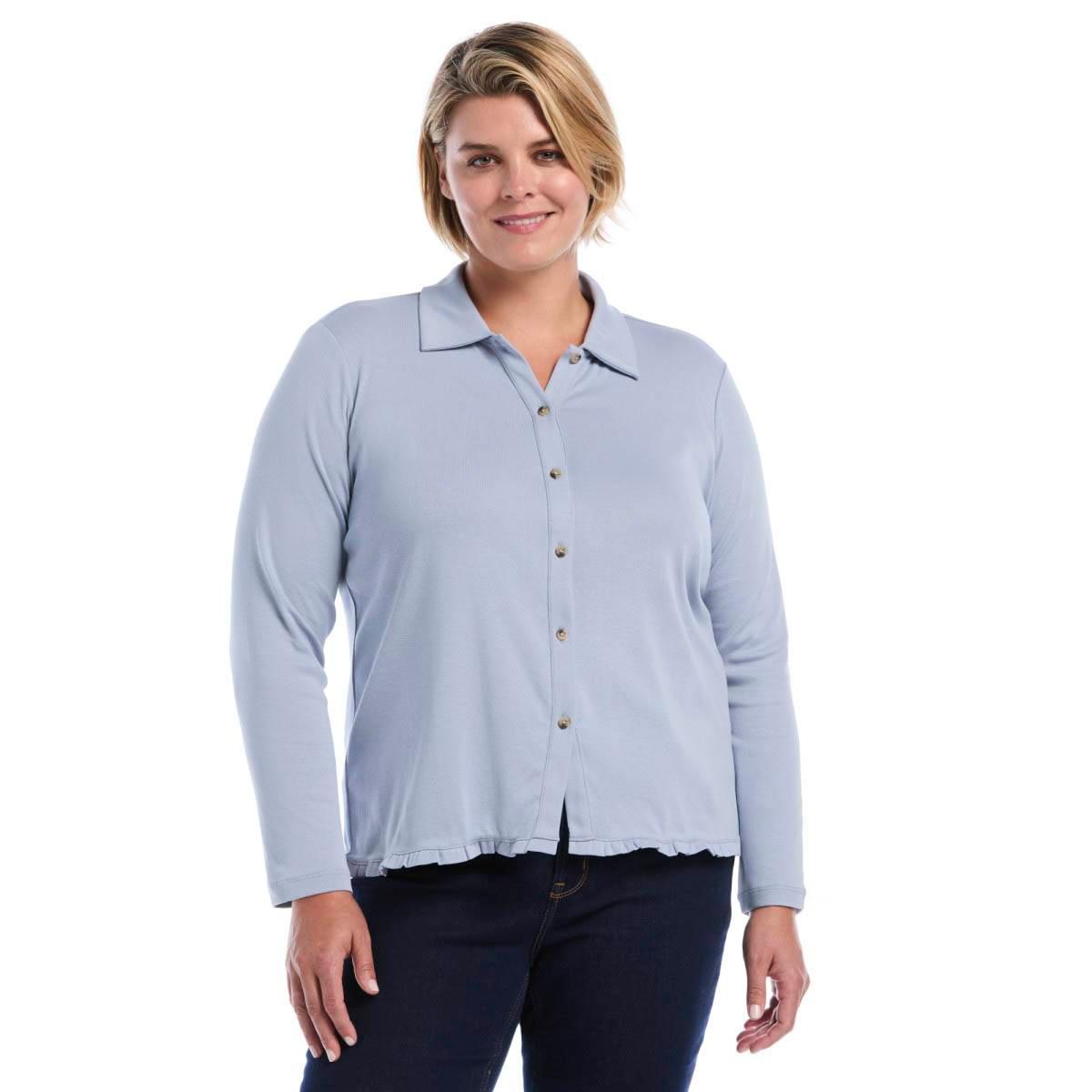 Plus Size Rafaella(R) Long Sleeve Ruffle Trim Button Up Blouse