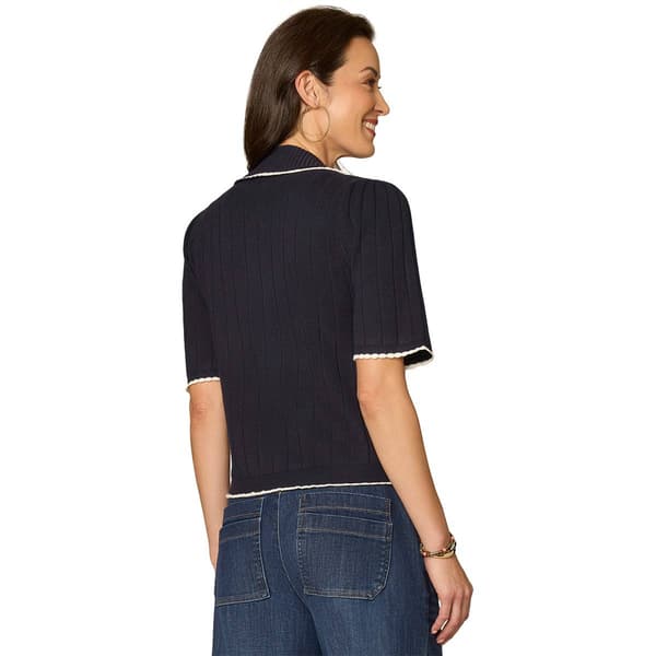 Womens Democracy Elbow Sleeve Scallop Stripe Rib Knit Sweater