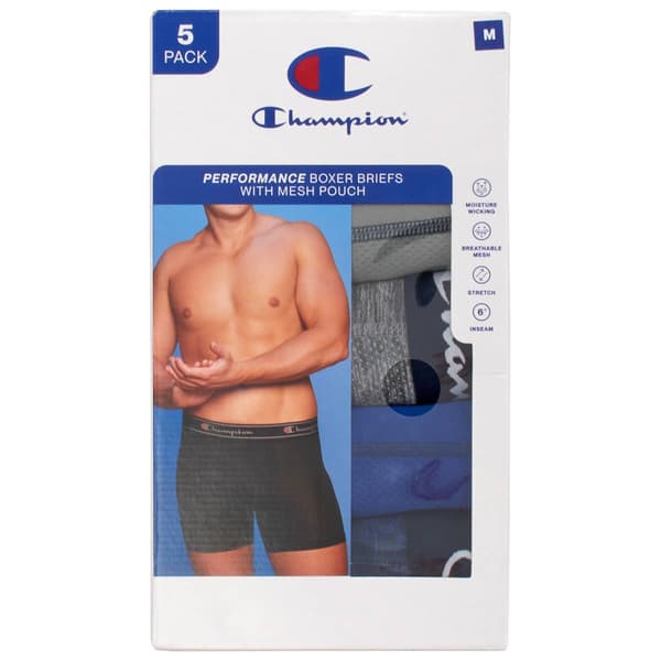Mens Champion® 5pk. Performance Boxer Briefs - Blue/Grey