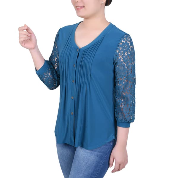 Womens NY Collection 3/4 Lace Sleeve Pleated Front Blouse