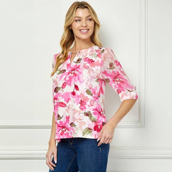 Womens Sara Michelle Elbow Chiffon Sleeve Floral Blouse