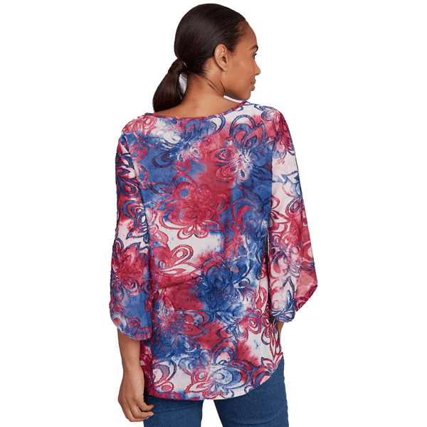 Petite Ruby Rd. Indigo Go Tie Dye Floral Keyhole Neck Blouse