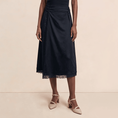 Womens Nicole Miller Pull On Lace Trim Silk Faux Wrap Slip Skirt - image 