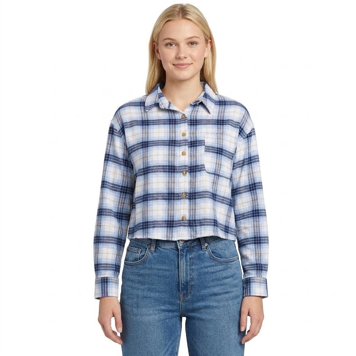 Juniors No Comment Cropped Plaid Flannel Shirt- Blue