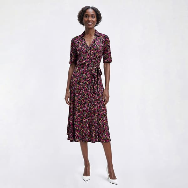 Womens MSK Elbow Sleeve Floral Spread Collar V Neck Midi Dress - image 