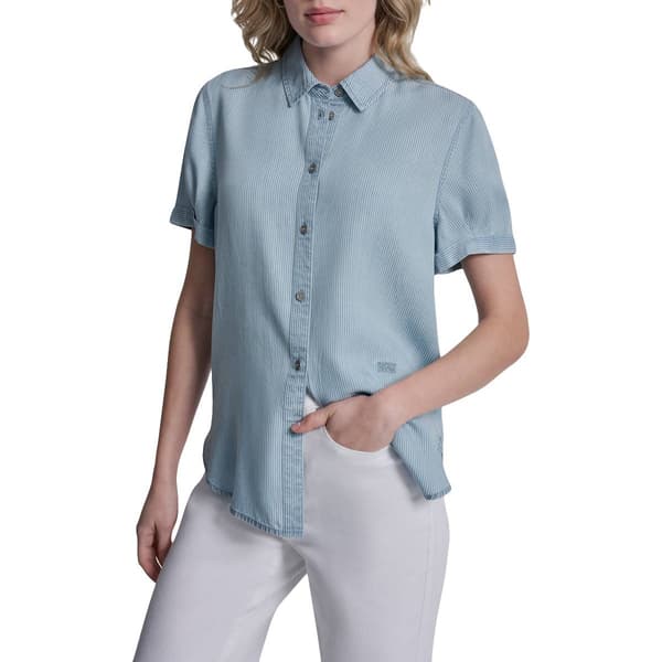 Womens DKNY Jeans Cuff Short Sleeve Stripe Casual Button Down