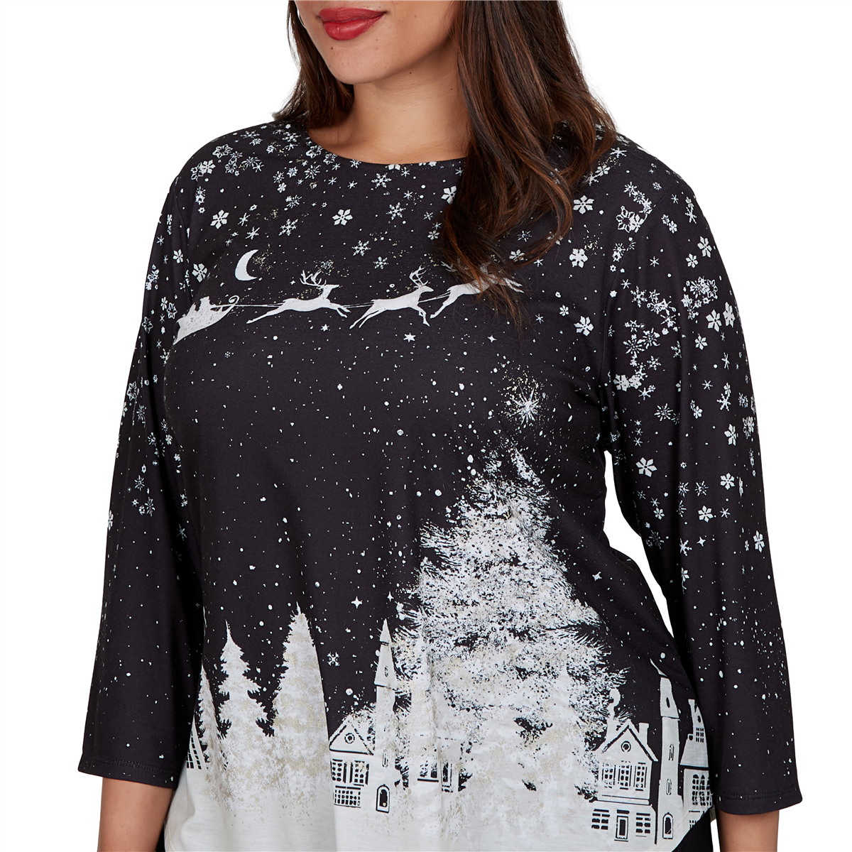 Plus Size Ruby Rd. Happy Holidays Santa''s Sleigh Scenic Tee