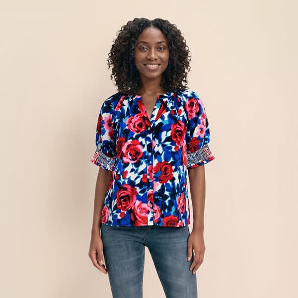 Womens Nicole Miller Short Puff Sleeve Split Neck Floral Blouse