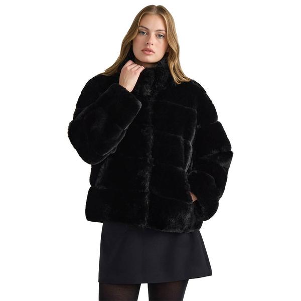 Womens NVLT Wide Stripe Faux Fur Coat with Stand Collar