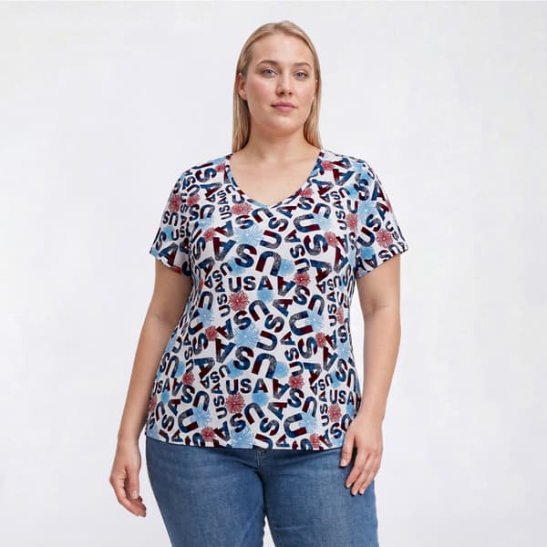 Plus Size Runway Ready Americana USA Short Sleeve V-Neck Tee - image 