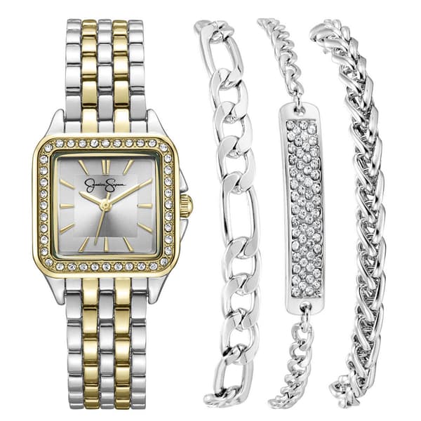 Womens Jessica Simpson Square Crystal Watch & Bracelet Set
