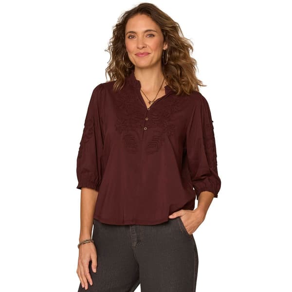 Womens Democracy 3/4 Blouson Sleeve Ruffle Neck Blouse - image 