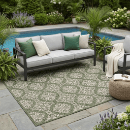 HomeRoots Green & Cream Floral Indoor Outdoor Area Rug