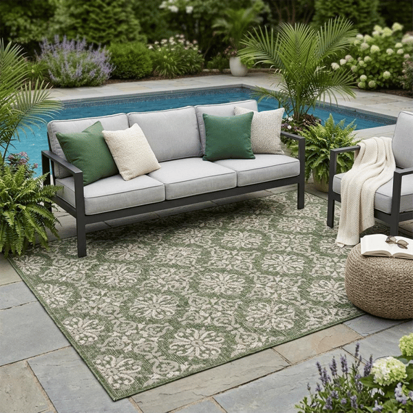 HomeRoots Green & Cream Floral Indoor Outdoor Area Rug