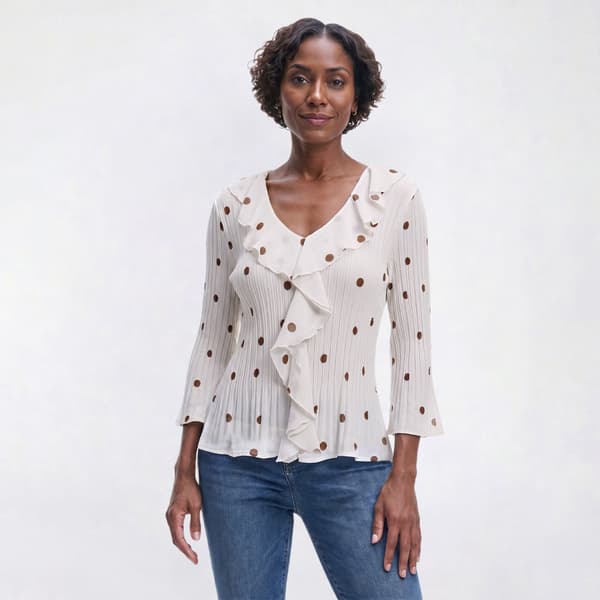 Petite Floral & Ivy 3/4 Ruffle Front Dot Pleater Blouse - image 