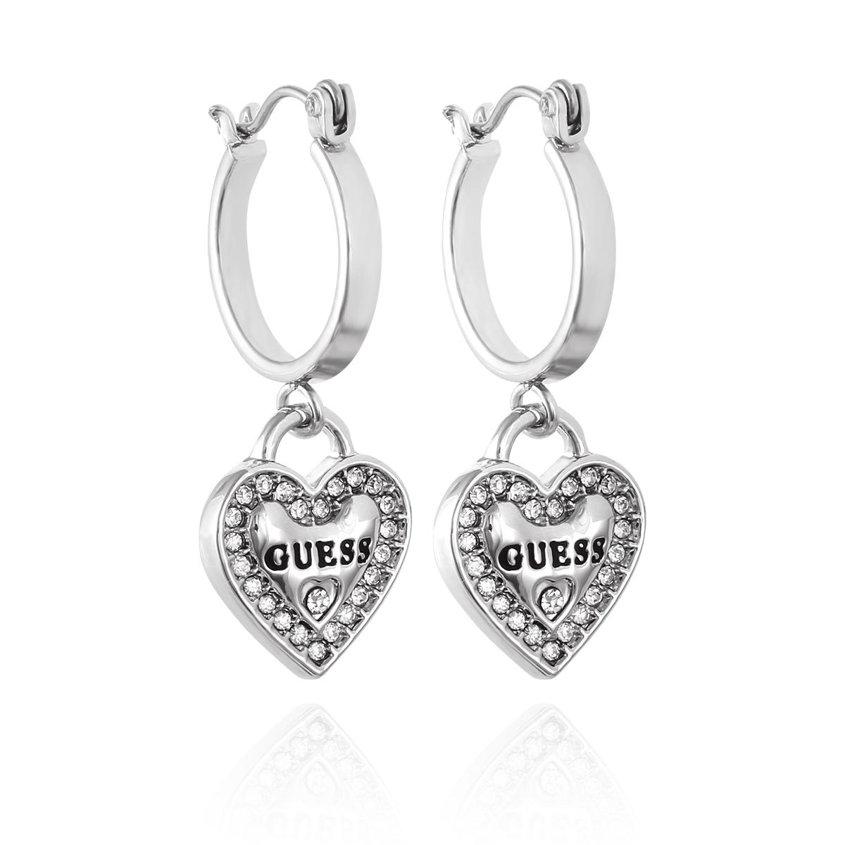 Guess White Gold Sterling Silver Crystal Huggie Hoop...