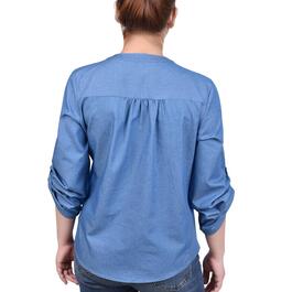 Petite NY Collection 3/4 Sleeve Solid Pleated Denim Henley