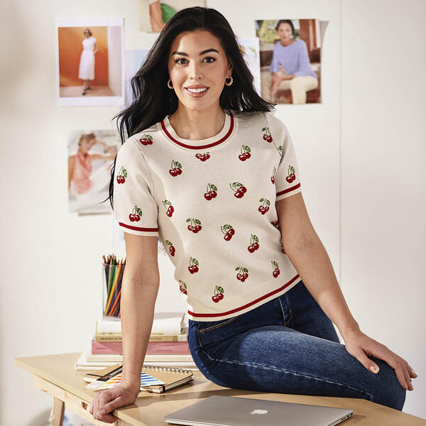 Womens Adrianna Papell Short Sleeve Cherry Printed Top - image 