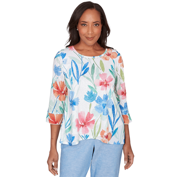 Womens Alfred Dunner Caribbean Blues Whimsical Flower Bell Sleev - image 