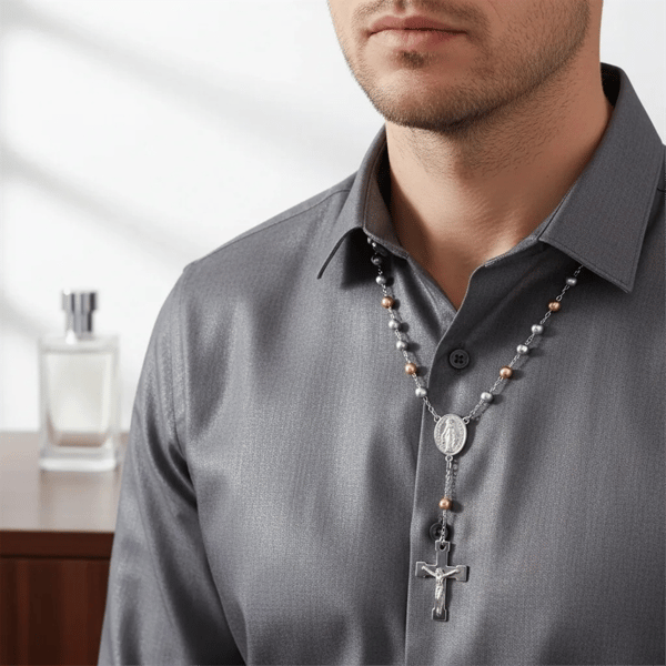 Mens Iron Saints Two-Tone Rosary-Style Necklace w/ Crucifix