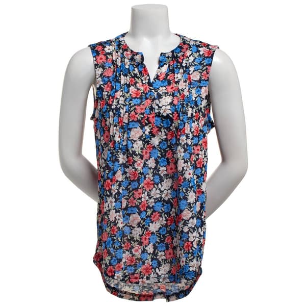 Womens Notations Sleeveless Floral Knit Pleated Split Neck Blouse - image 
