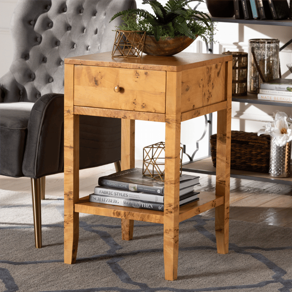 bali & pari Ghina Modern Real Burl Wood 1-Drawer Nightstand