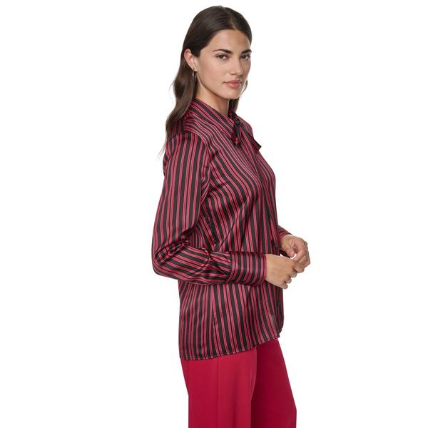 Womens DKNY Long Sleeve Tie Neck Stripe Satin Button Front Blouse