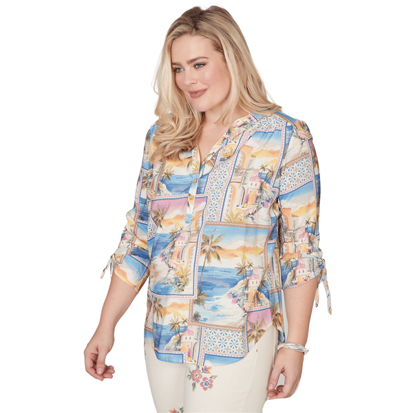Petite Alfred Dunner Beachcomber Postcard Tie Sleeve Blouse