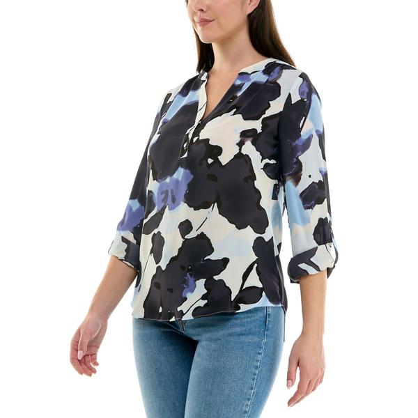 Plus Size Zac & Rachel Long Roll Tab Sleeve Abstract Blouse