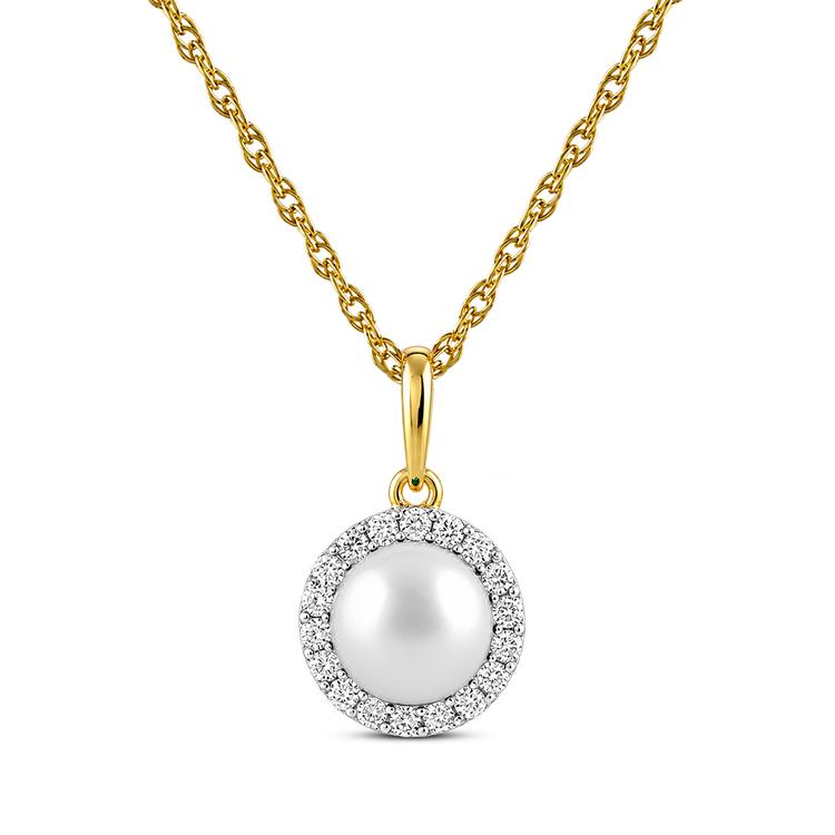 Gemstone Classics(tm) Yellow Gold Pearl Crown Halo Pendant
