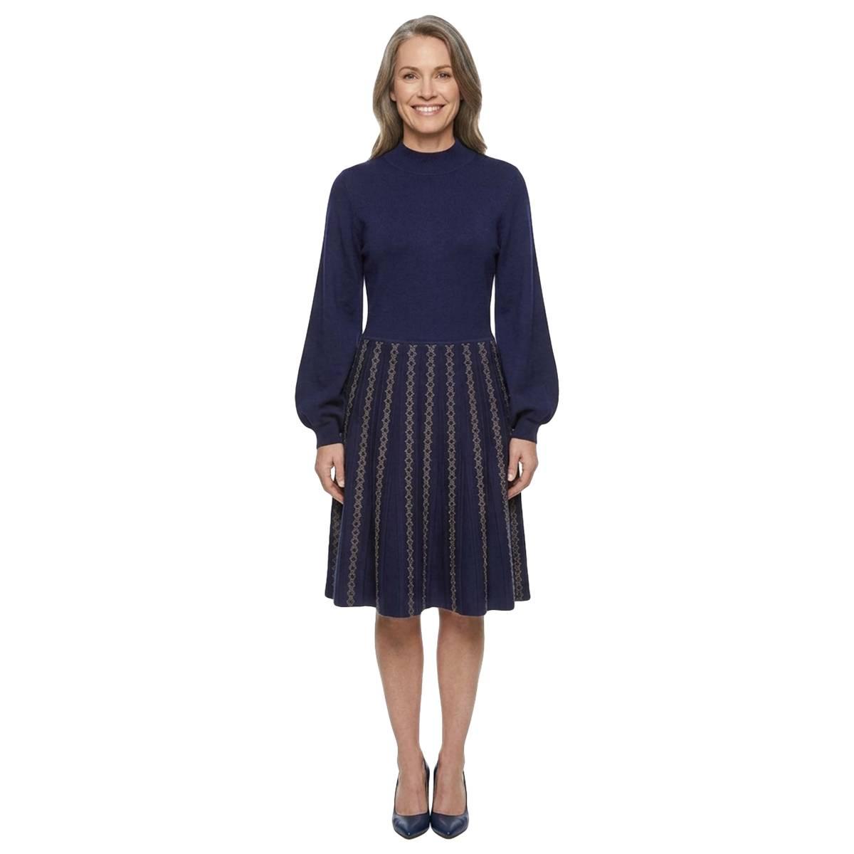 Womens Nina Leonard Long Sleeve Geometric Bottom Sweater Dress