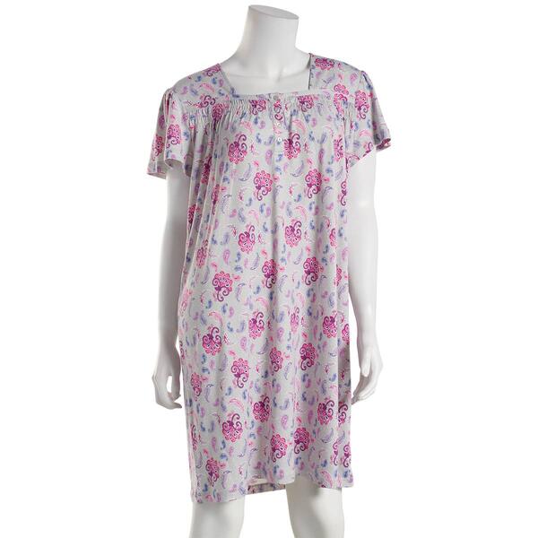 Womens White Orchid Short Sleeve Paisley Henley Nightshirt - image 