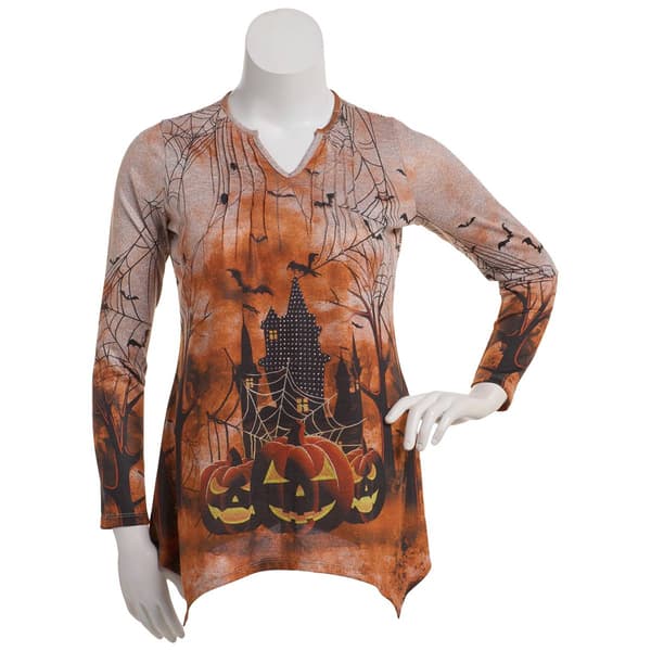 Womens OneWorld Pumpkin Charge Split V-Neck w/Pintucks Tee