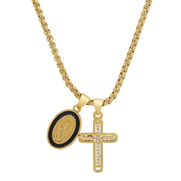 Mens Steeltime 18kt. Gold Plated Virgin Mary and Cross Necklace