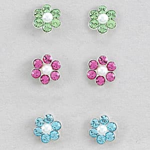 Kids 3pr. Sterling Silver Crystal Pearl Flower Stud...