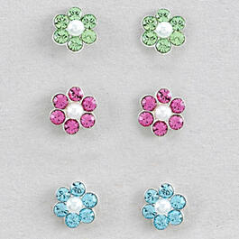 Kids Set of 3 Sterling Silver Crystal Flower Earrings