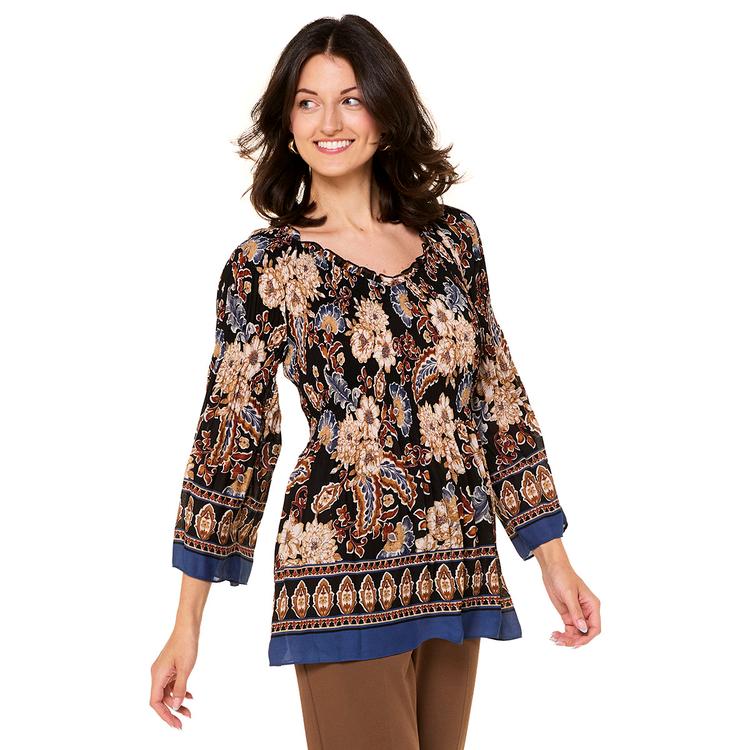 Plus Size Floral & Ivy 3/4 Sleeve Floral Paisley Pleater Blouse