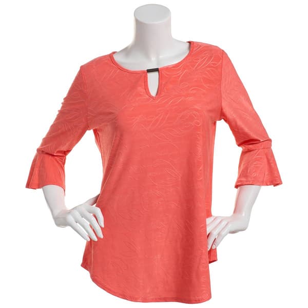 Womens Notations 3/4 Ruffle Sleeve Soild Bar Jacquard Blouse - image 