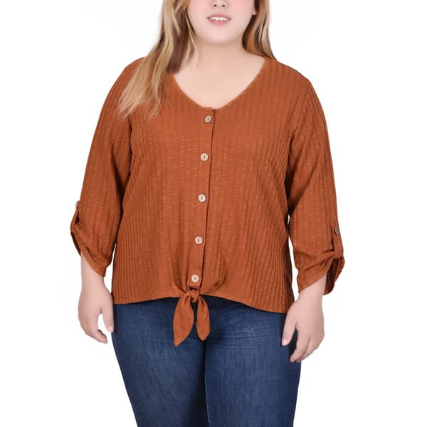Plus Size NY Collection Solid Rib Knit Button Tie Front Top - image 