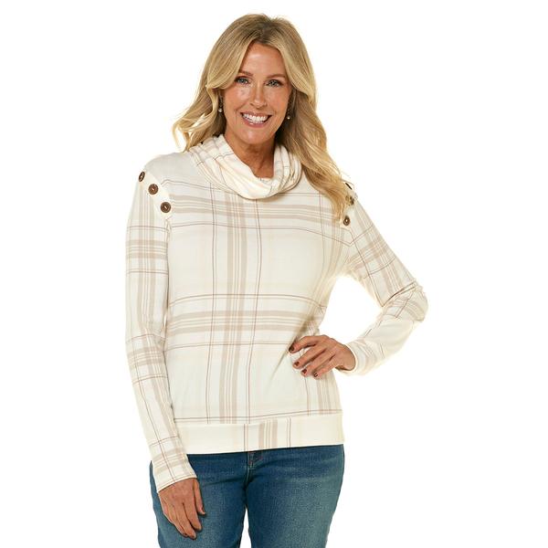 Womens Tru Self Long Sleeve Plaid Shoulder Placket Hacci Sweater