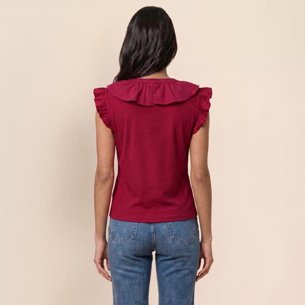 Womens Nicole Miller Cap Ruffle Sleeve V Neck Ribbed Blouse