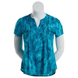 Plus Size Notations Short Sleeve Green Wave Jacquard Pleat Henley