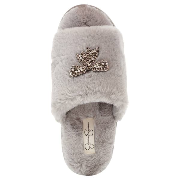 Womens Jessica Simpson Embellished Bow Plush Slide Slippers