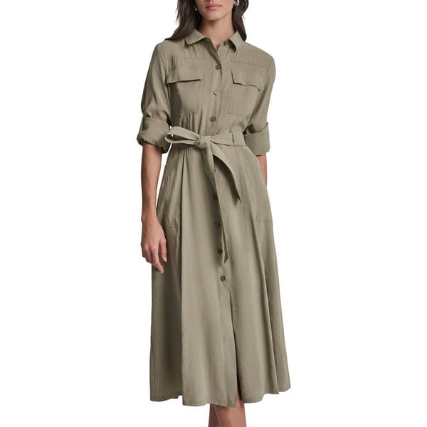 Womens DKNY Long Roll Tab Sleeve Tie Belt Cargo Shirtdress