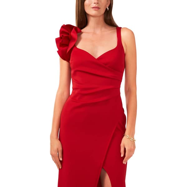 Womens MSK Sleeveless Ruffle Flower Trim V-Neck Evening Gown