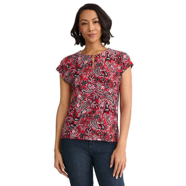 Petite Jones New York Short Sleeve Notch Neck Paisley Print Top - image 