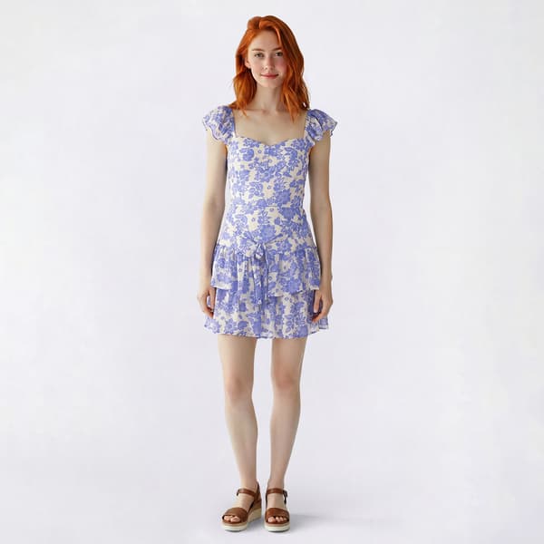 Juniors Crystal Doll Floral Print Double Tier Flutter Dress - image 